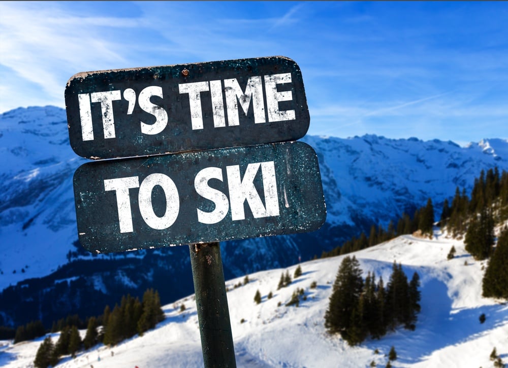 Its Time To Ski sign with sky background-1