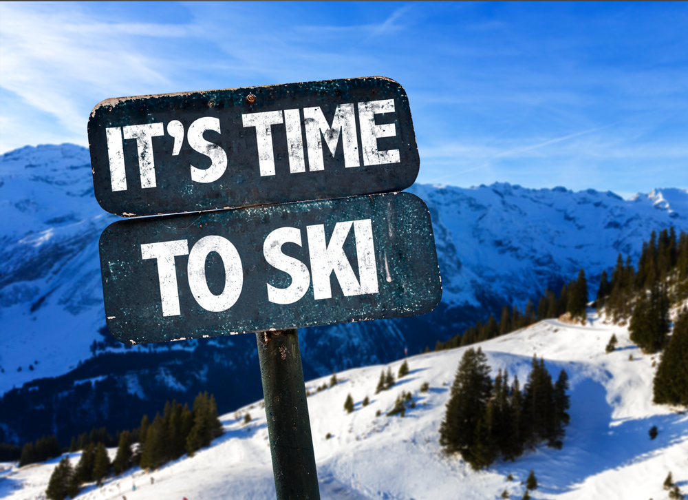 Its Time To Ski sign with sky background-2